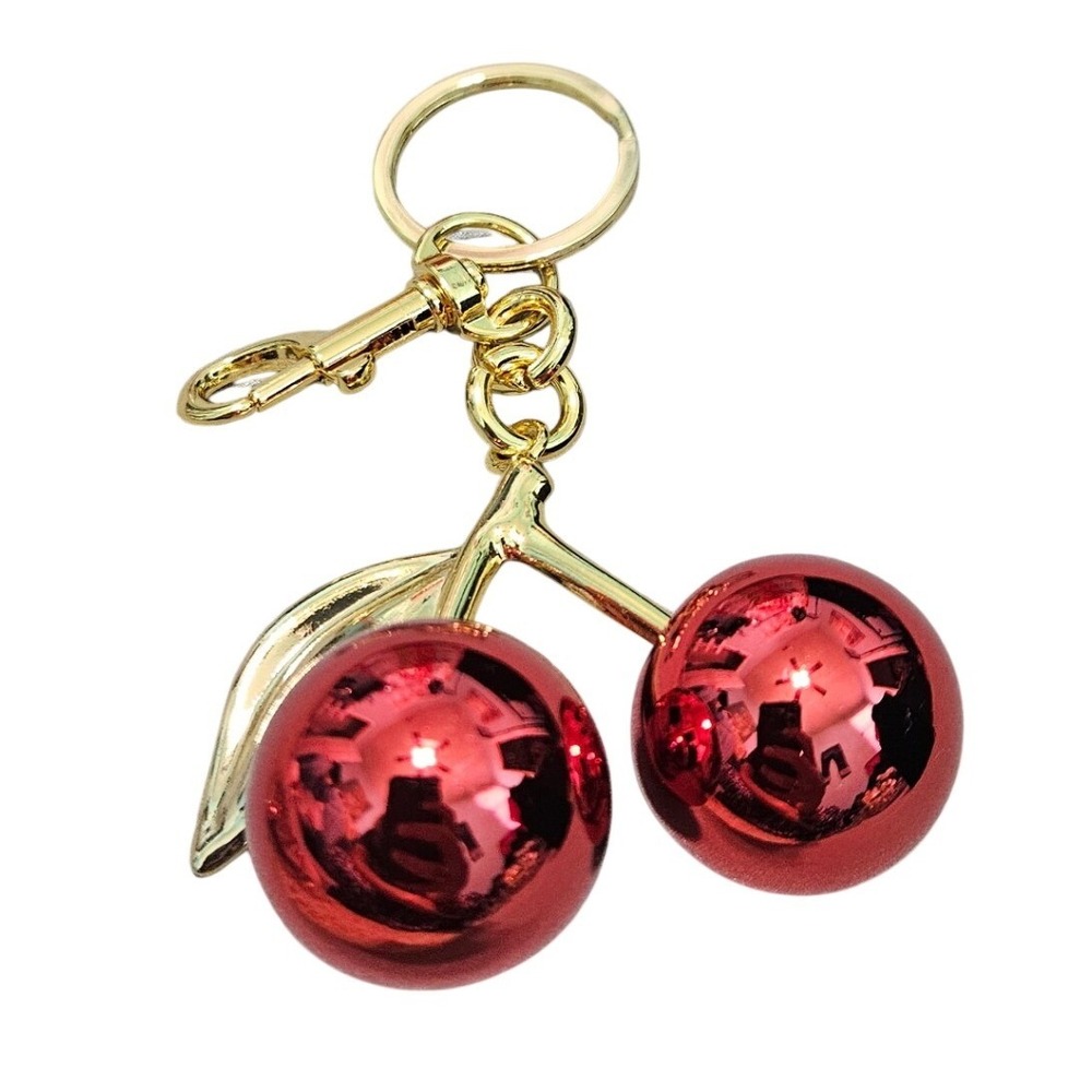Red Cherry Keychain Gold Tone Bag Charm Fruit Key Ring Accessory Retro Coquette